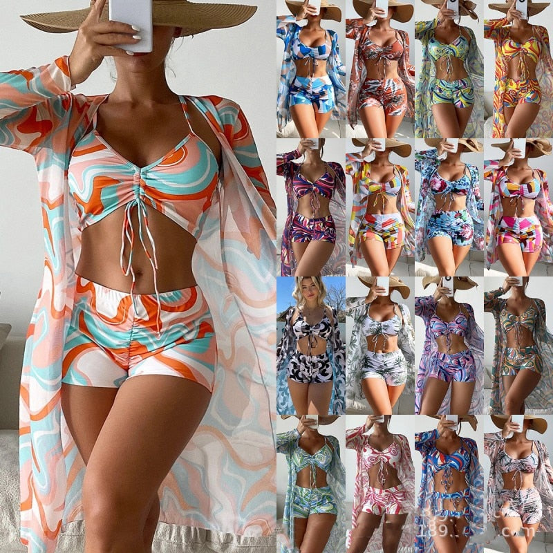 Women's Swimsuit 3PCS Sexy Bikini Swimsuit Woman 2023 Floral Print Bikinis Sets Cover Up Separate Swimsuit Beach Bathing Suit