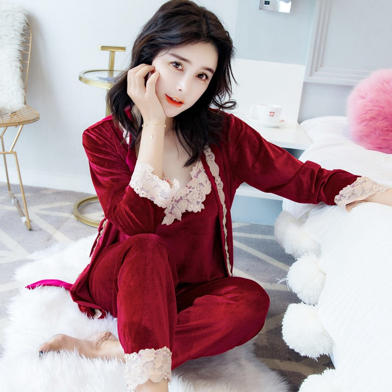 Autumn Winter Warm Pajamas Set Women Sling Deep Gold Velvet Sexy Homewear 3PCS Women Pajama Sets Long Pant Set Robe Women