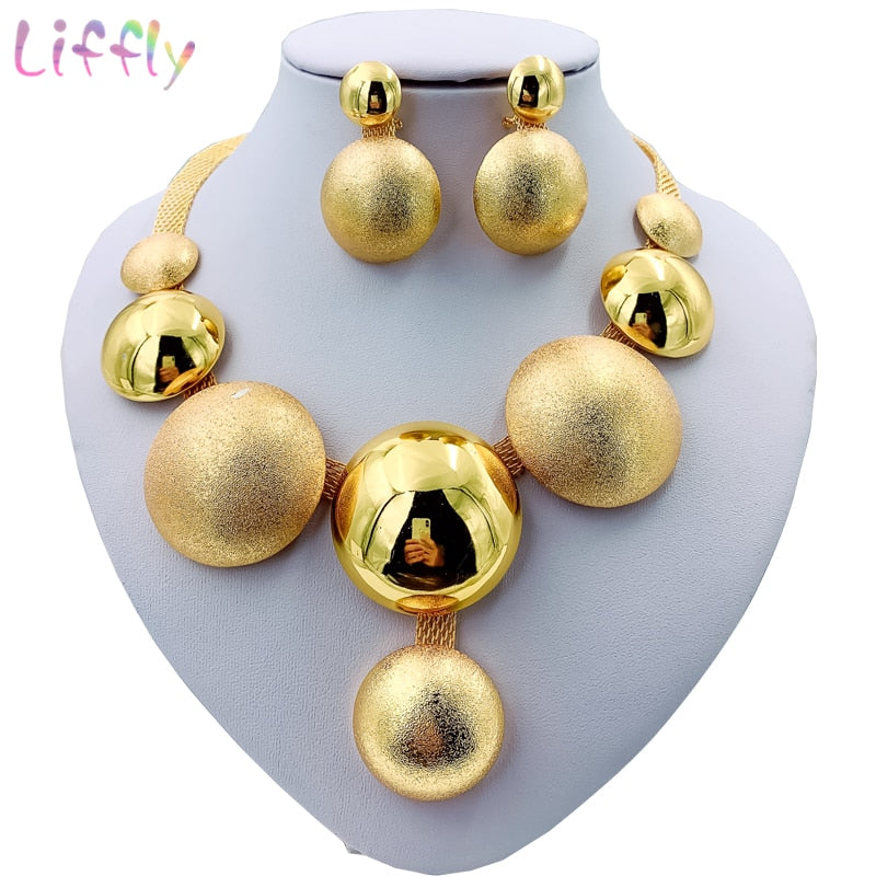 Liffly African Jewelry Sets Round Necklace Bracelet Dubai Gold Jewelry Set for Women Wedding Party Bridal Earrings Ring Jewelry