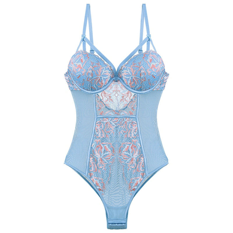 Sexy Underwear For Women Lace Bodysuit Strappy Style Padded Cup Underwire Push Up Floral Pattern 4 Colours One-piece Lingerie