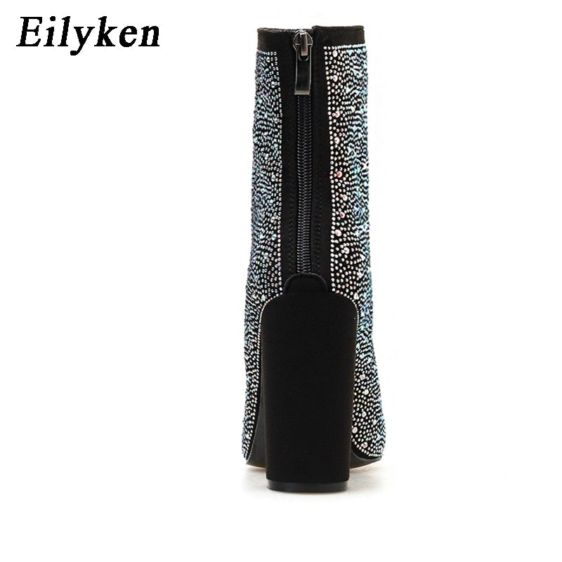 Eilyken 2022 Fashion Sexy Banquet Women's Boots Thick with Square Head Shiny Rhinestones Thin Nightclub High Heel Boots