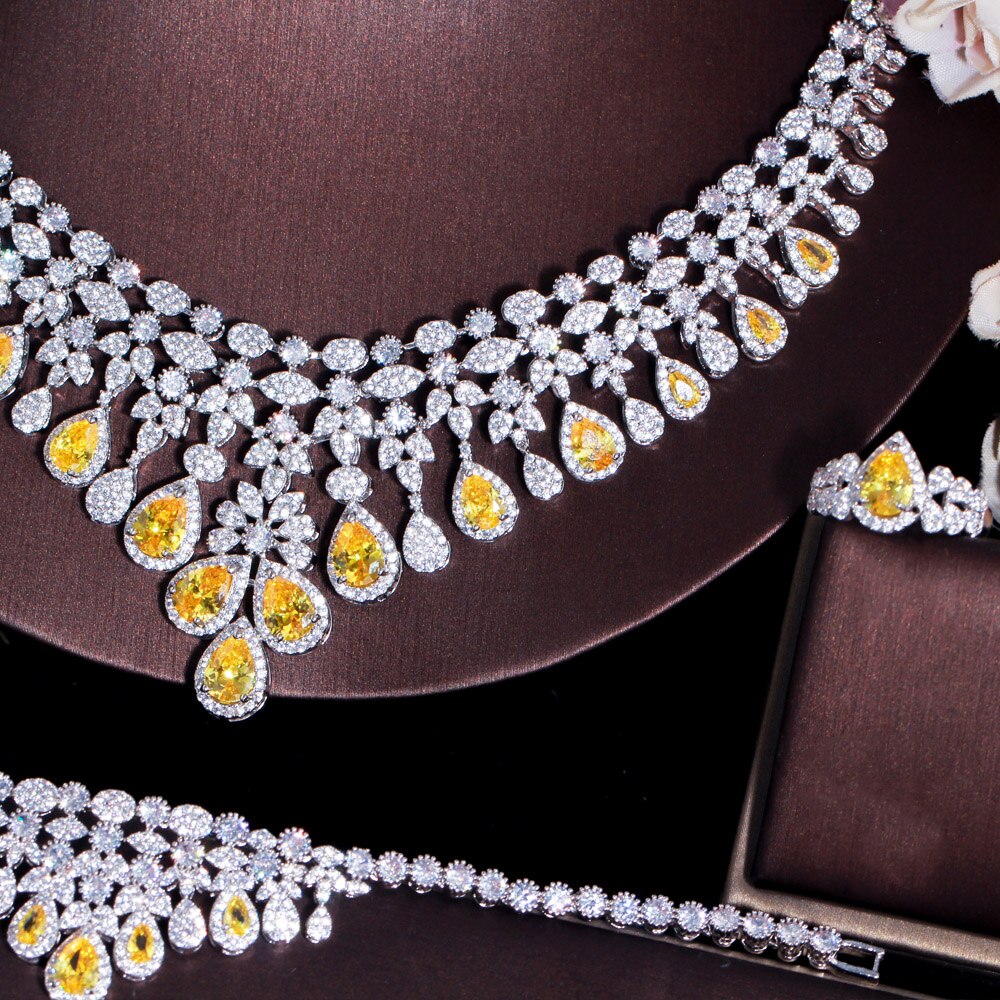 CWWZircons 4pcs Yellow Cubic Zirconia Fringe Dangle Drop Large Necklace Luxurious Wedding Bridal Jewelry Set Accessories T608