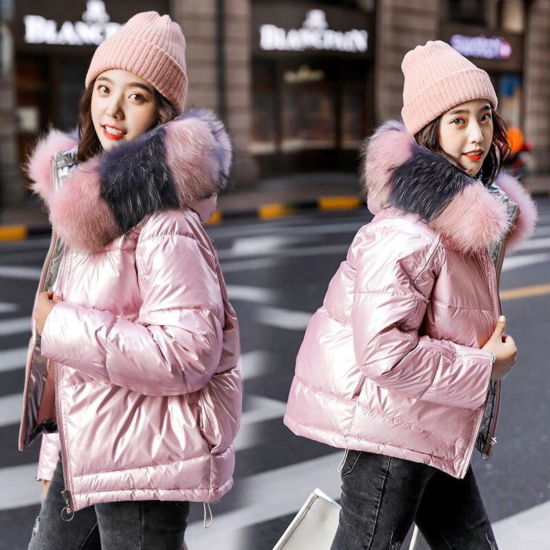 2021 New Winter Jacket Women's Parka Fur Collar Hooded Down Cotton Jacket Female Glossy Casual Cotton Padded Parkas Outerwear