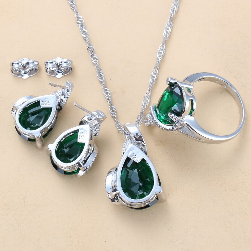 Enchanting Water Drop Green Stone 925 Mark Jewelry Sets Stud Earrings/Necklace/Pendant/Ring For Women Wedding Gift