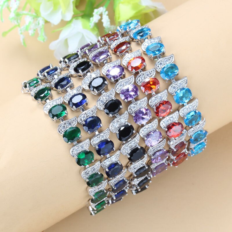 12-Color Mystic Rainbow Stone CZ Jewelry Women Costume 925 Mark Chain Bracelet Bangle Adjustable Length 18+3CM