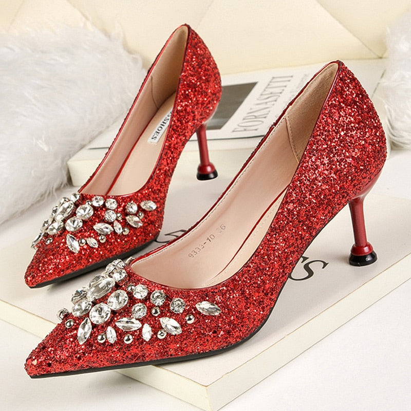 comemore 2021 New Rhinestone Women Pumps Sequins Women's Gold Silver Wedding Shoes Female Slip-on Pointed Toe Thin High Heels 40
