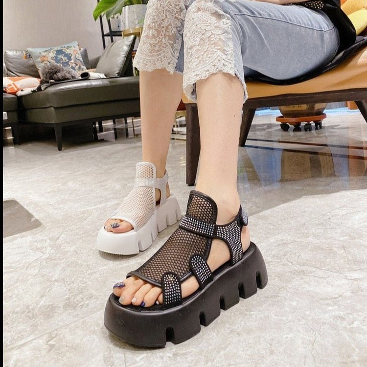 Sandals women 2022 summer new fashion thick-bottomed breathable Eugene yarn mesh magic paste Roman sandals Hook & Loop AD1255