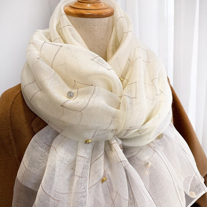 Luxury Shiny Diamond Scarf Silk Women Hijab Soft Wool Shawls and Wraps Large Thin Scarves Foulard Female Bufanda 2021 New