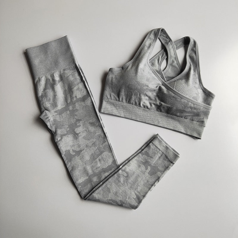 Camo Seamless Yoga Set Women Fitness Clothing Booty Yoga Leggings+High Impact Sport Bra 2 Pcs Sports Suits Women Gym Tracksuit