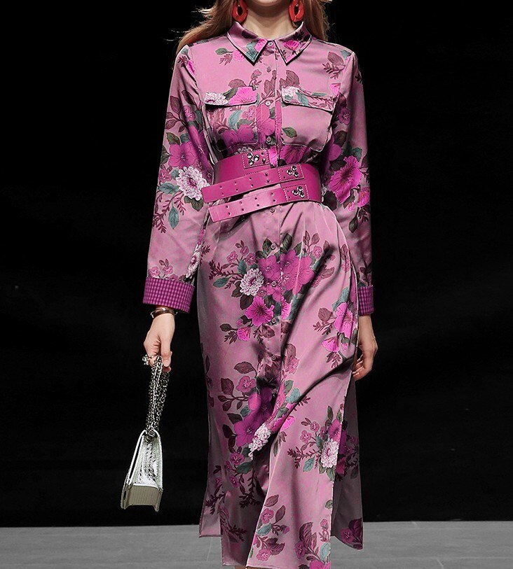 New Autumn Runway Women Purple Printing Turn Down Collar Dress Female Single-breasted Elegant Party Split Long Dresses Vestidos