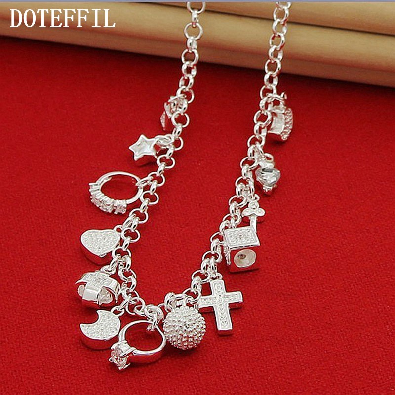 DOTEFFIL 925 Sterling Silver Cross Heart Moon Ball Multiple Pendants Chain Necklace For Woman Wedding Fashion Jewelry Charm