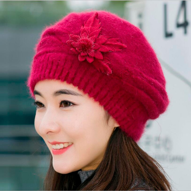 Hot Berets Hat Beanie Fashion Spring Autumn Winter Hat Warm Flower Knit Crochet Cute Casual Cap For Women's Girl Female