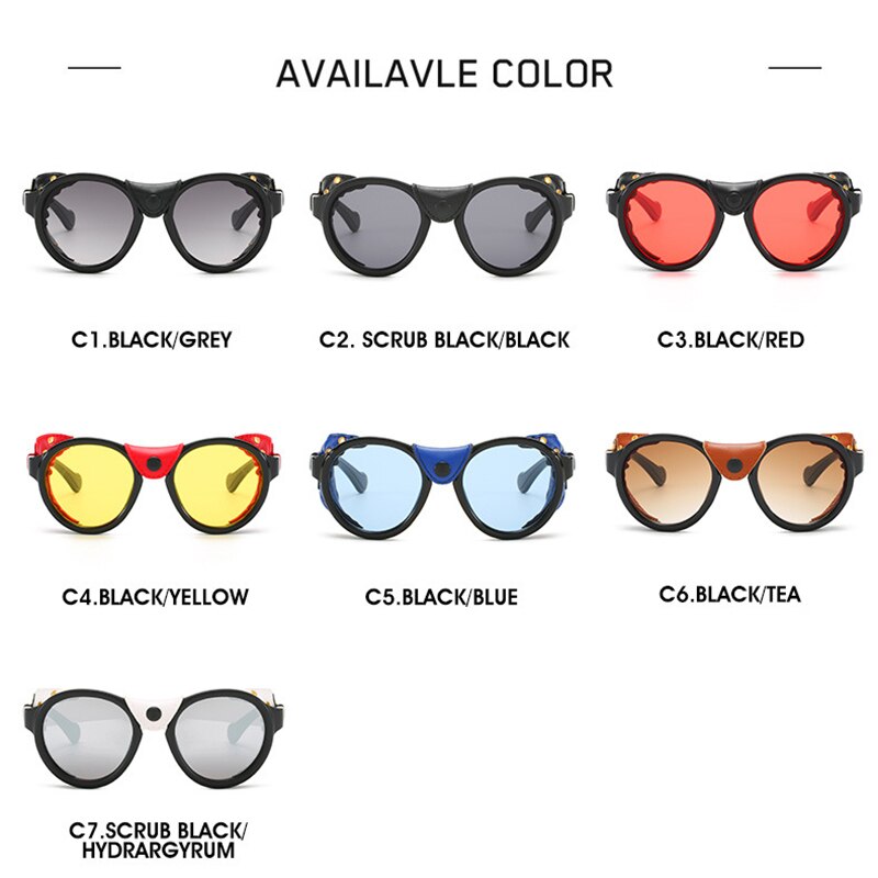 KEITHION Retro Round Punk Steampunk Sunglasses For Men Leather Side Shield Male Sun Glasses UV400 Eyewear Red