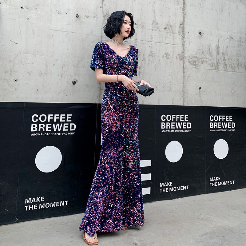 AE0116 wei yin 2021 Evening Dress Short Sleeve Elegant V Neck Mermaid Sequined Long Formal Party Gowns Robe De Soiree