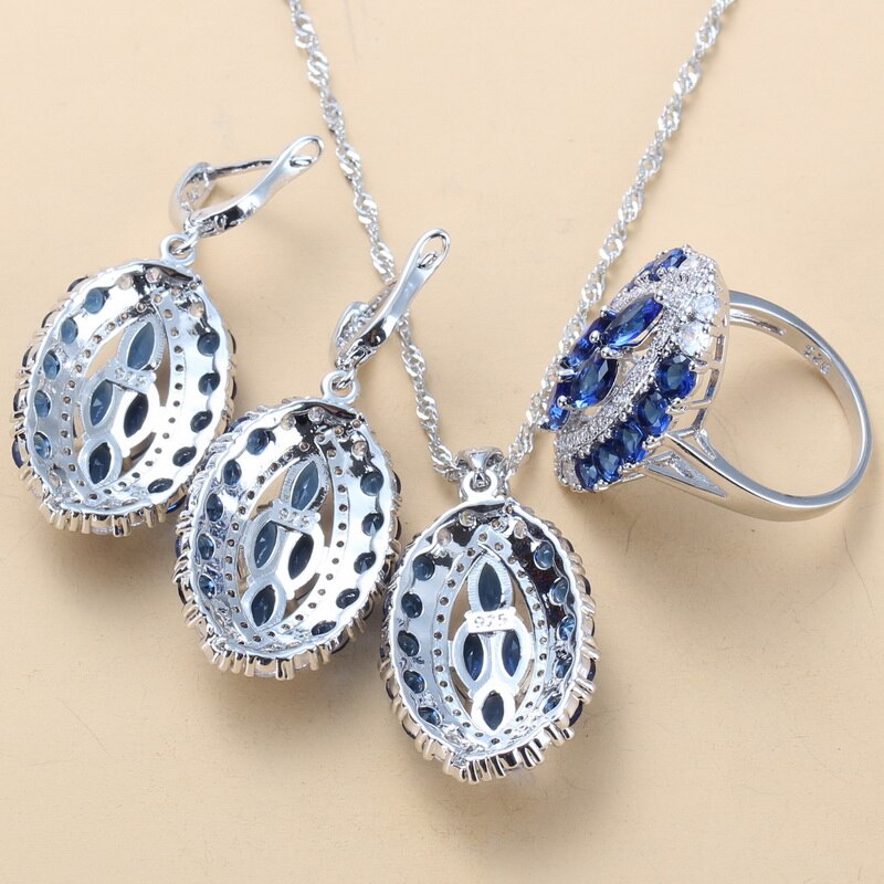 Luxurious Big Jewelry Sets Silver Color With Natural Stone CZ Blue AAA+ Wedding Accessories Dangle Earrings/Bracelet Ring