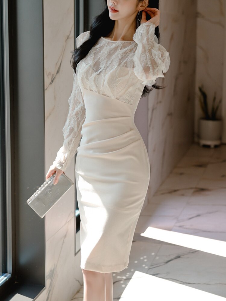 Sexy See Through Lace Patchwork Pencil Dress Women 2022 Spring Fall New Sheath Bodycon Dress Knee-length Tunic Vestidos