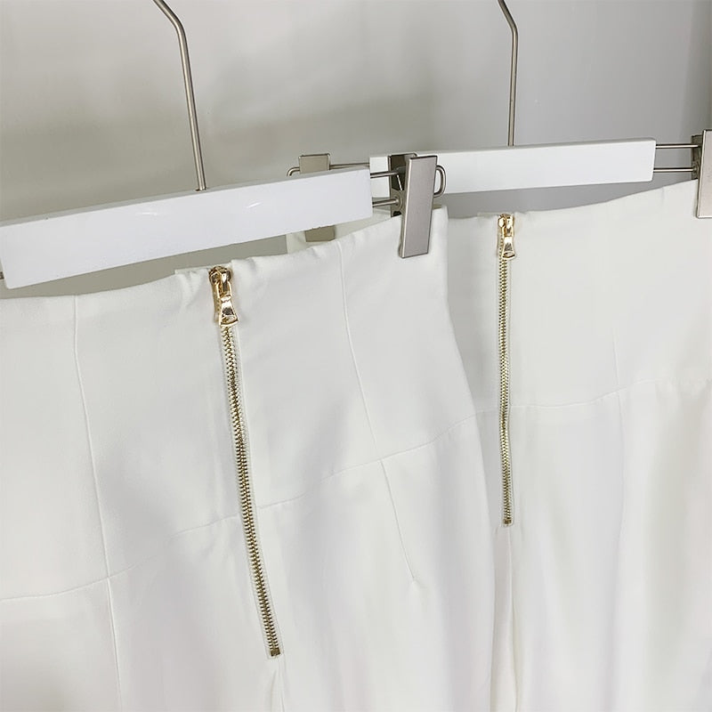 HarleyFashion New Trendy Women Summer Elegant Empaire Waist Buttons Full Length Solid Casual White Wide-leg Pants