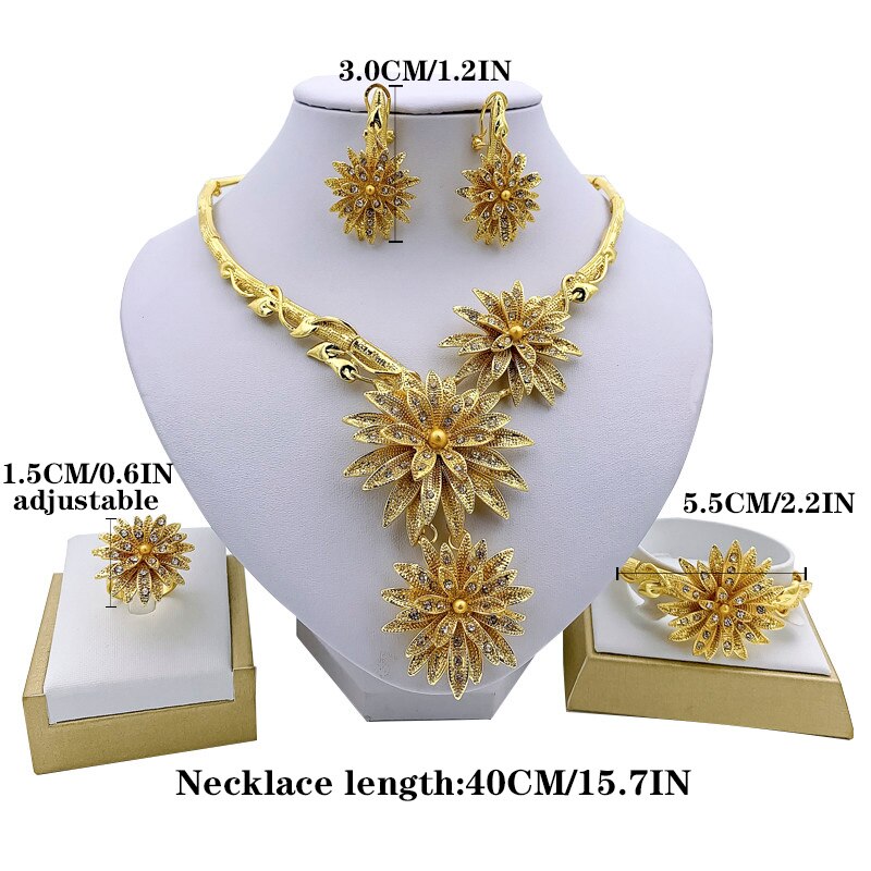 Dubai Fashion Jewelry Sets Necklace Bracelet Flower Shape Pendant Earrings Ring Crystal Jewelry Dubai Bridal Wedding Jewelry