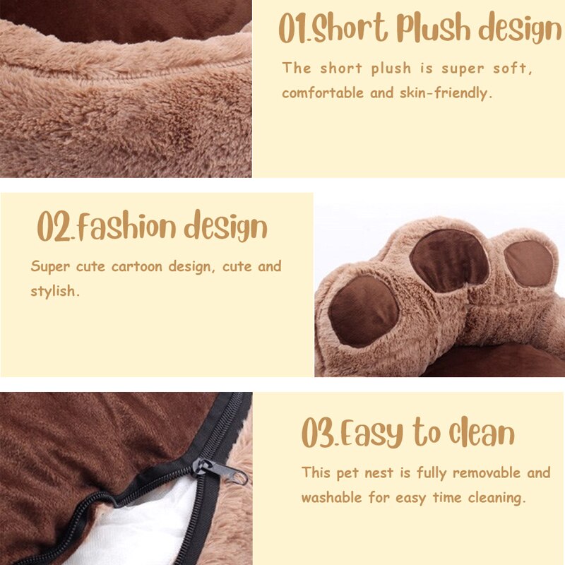 Pet Dog Bed House Plush Washable Round Bear Paw Puppy Nest Winter Warm Sofa Mat Kennel Cushion For Small Medium Dogs Cat