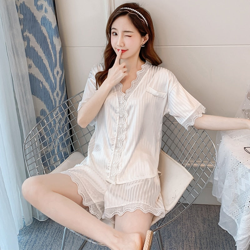New Stain Lace Woman Pajamas Set 2Pieces Spring Summer Short Sexy Sleepwear Elegant Solid Color V-neck Ice Silk Homewear Set