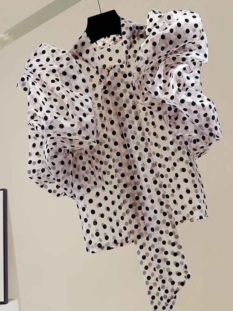 HIGH QUALITY New Fashion 2022 Designer Shirt Women's Dimensional Lotus Leaf Sleeve Organza Perspective Wave Point Shirt Top