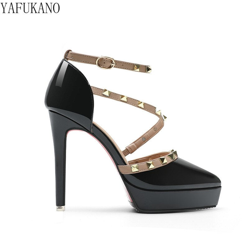 Sexy Rivet High Heels Stiletto Mid Hollow Pumps 12 Cm Pointed Toe Platform Single Shoes Female Wedding Shoes Small Size 32 33