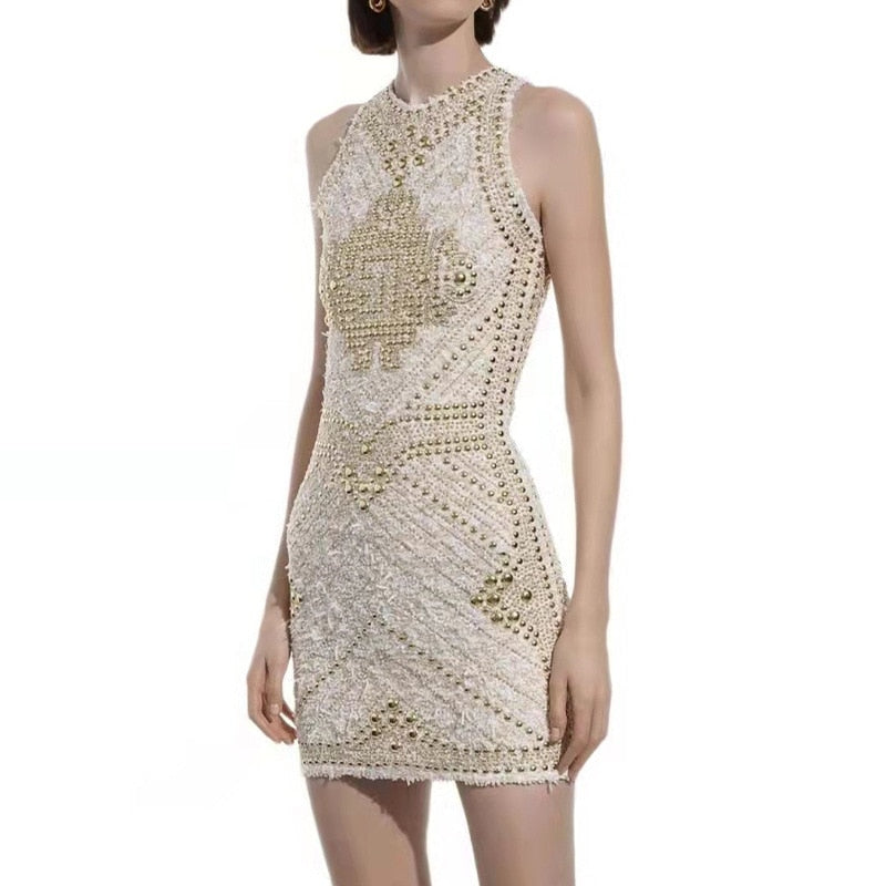 Luxurious Designer European Style Sleeveless Tweed Fabric Women Sparkle Beaded Dress for Elegant Lady Heavy Handmonds Diamonds