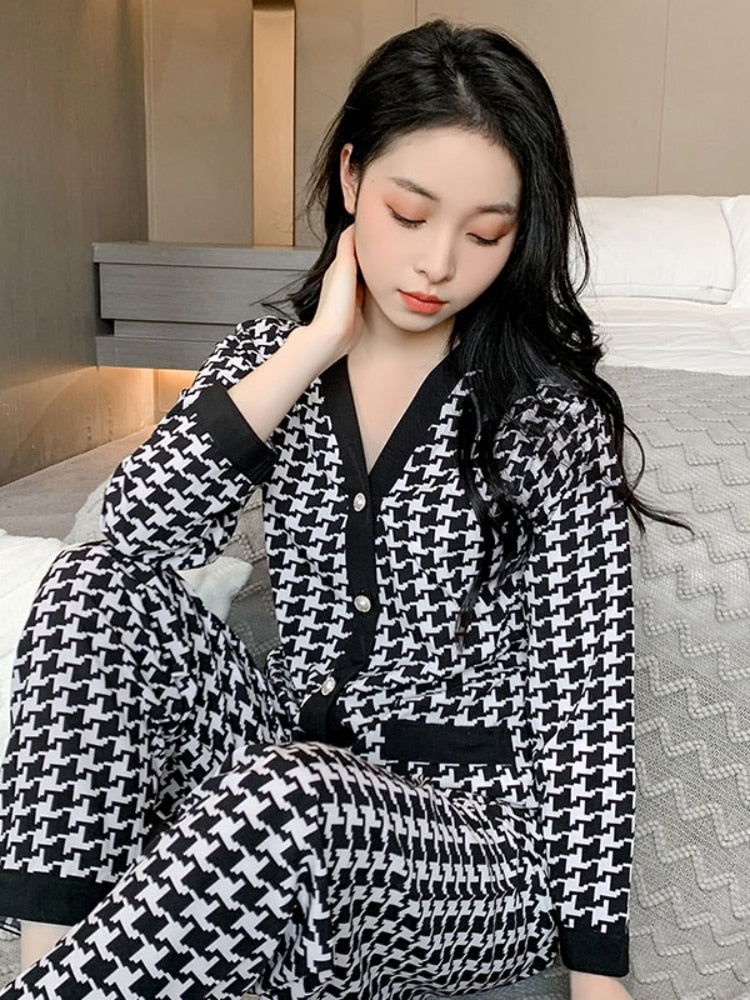 Home Clothes for Women Plaid Pants Pajamas for Women Cotton Sleepwear Suit Spring Pyjamas Women V-neck Button Loungewear Set