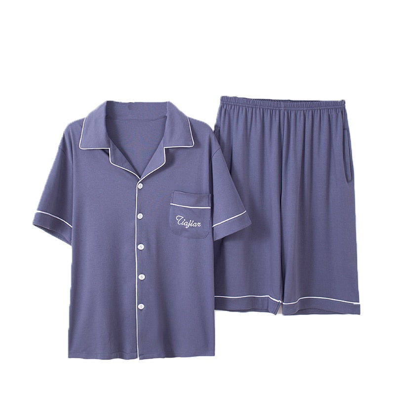 Plus Szie Men's Pajama Set Summer Comfortable Men Sleepwear Short Sleeve Cotton Pajamas Men Elastic Waist Pant Leisure Outwear