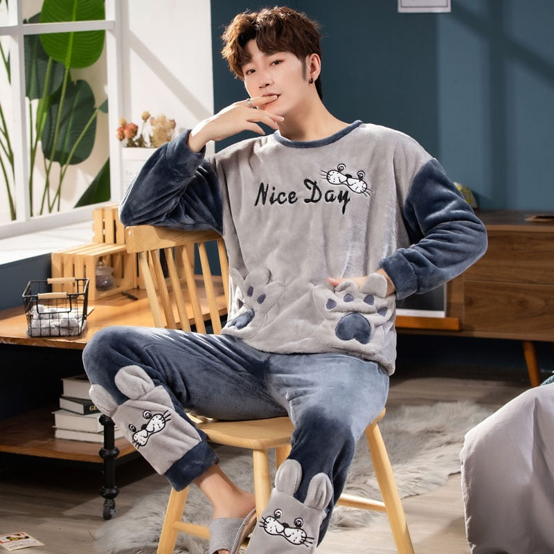 Long Sleeve Warm Flannel Pajamas Winter Men Pajama Sets Print Thicken Sleepwear Pyjamas 4XL 5XL 95kg Nightwear Set