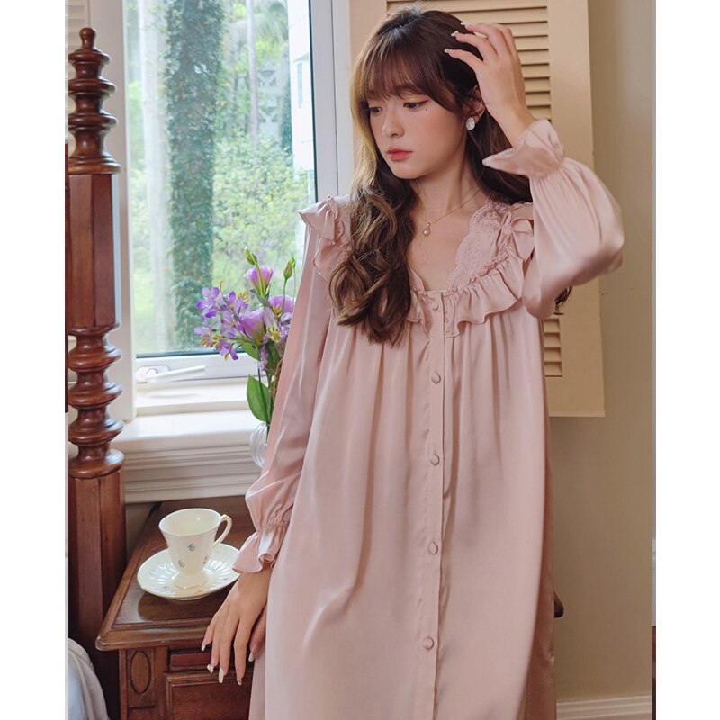 Spring Summer Nightgowns & Sleepshirts Women's Short Satin Sleepwear Home Nightshirt Women Causal Loose Ladies Long Women Dress