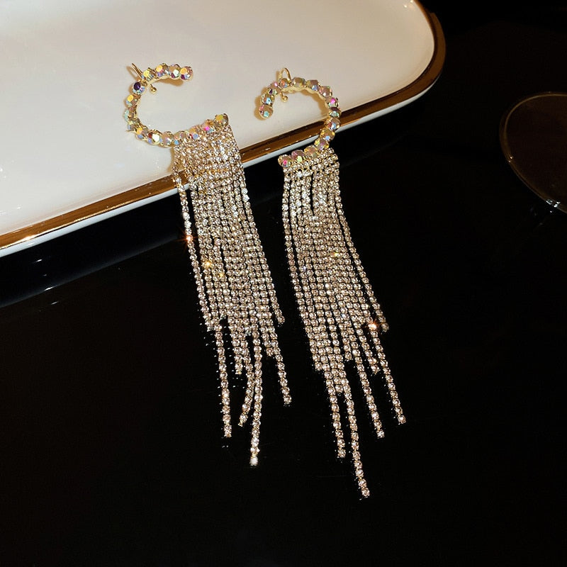 FYUAN New Long Tassel Rhinestone Drop Earrings for Women Colorful Zircon Crystal Ear Clip Earrings Weddings Jewelry Gifts