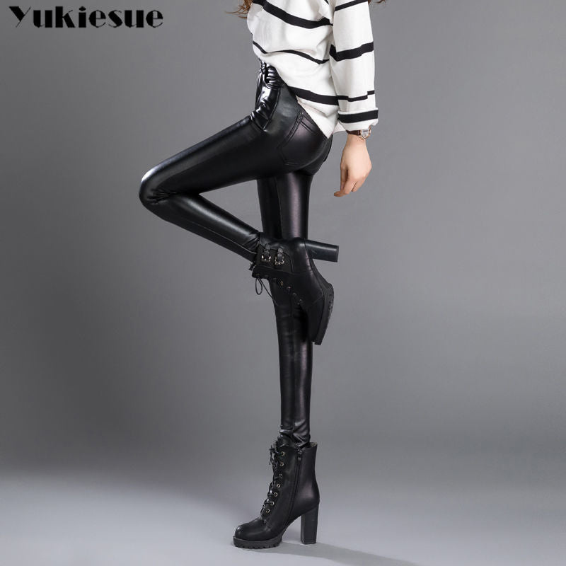 Autumn Winter women leather pants High elastic shiny trousers slim female pencil leather pants women pantalon femme clothe