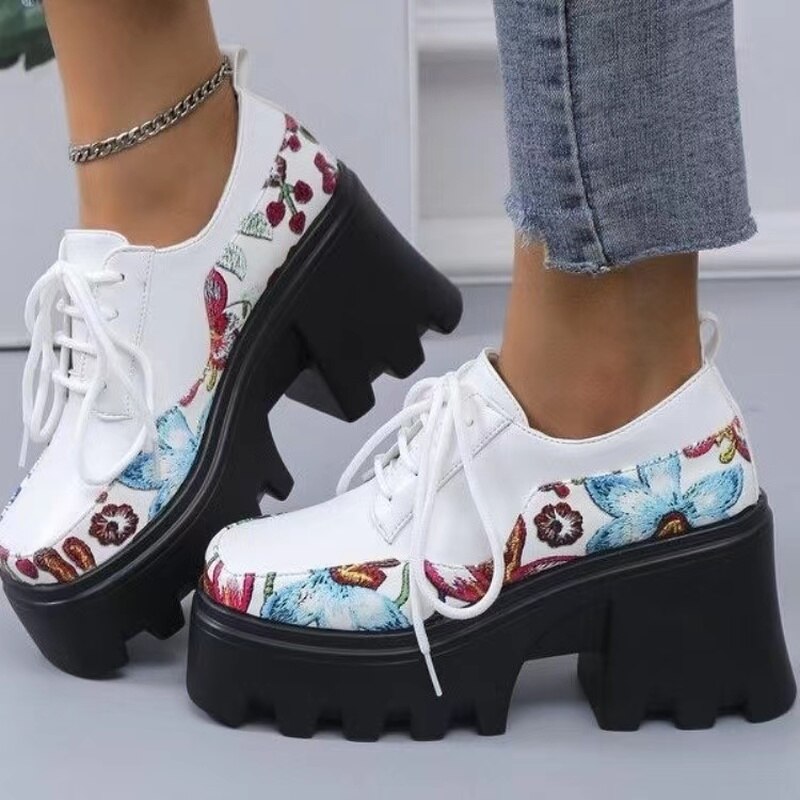 Lolita Spring and Autumn Printing Women's Shoes Waterproof Platform Thick Bottom Lace Up Fashion Women's Shoes Zapatos De Mujer