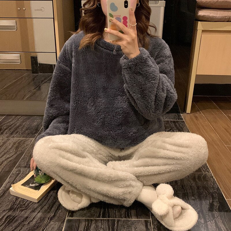 WAVMIT Winter Women's Flannel Warm Long Sleeve Pajamas Set Thick Simple Leisure Women Sleepwear Set Gold Velvet Pyjamas Homewear