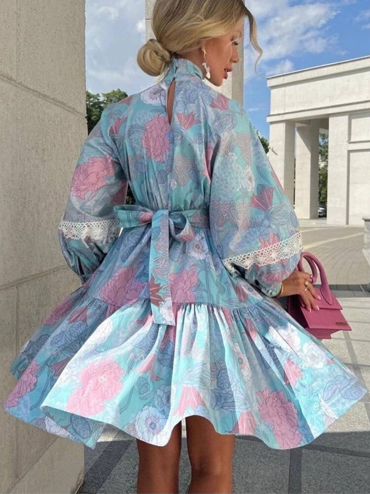 2022 Autumn New Woman Elegant Lace Up Print Dress Fashion Puff Sleeve Stand Collar Retro Dresses Female Party Clothing