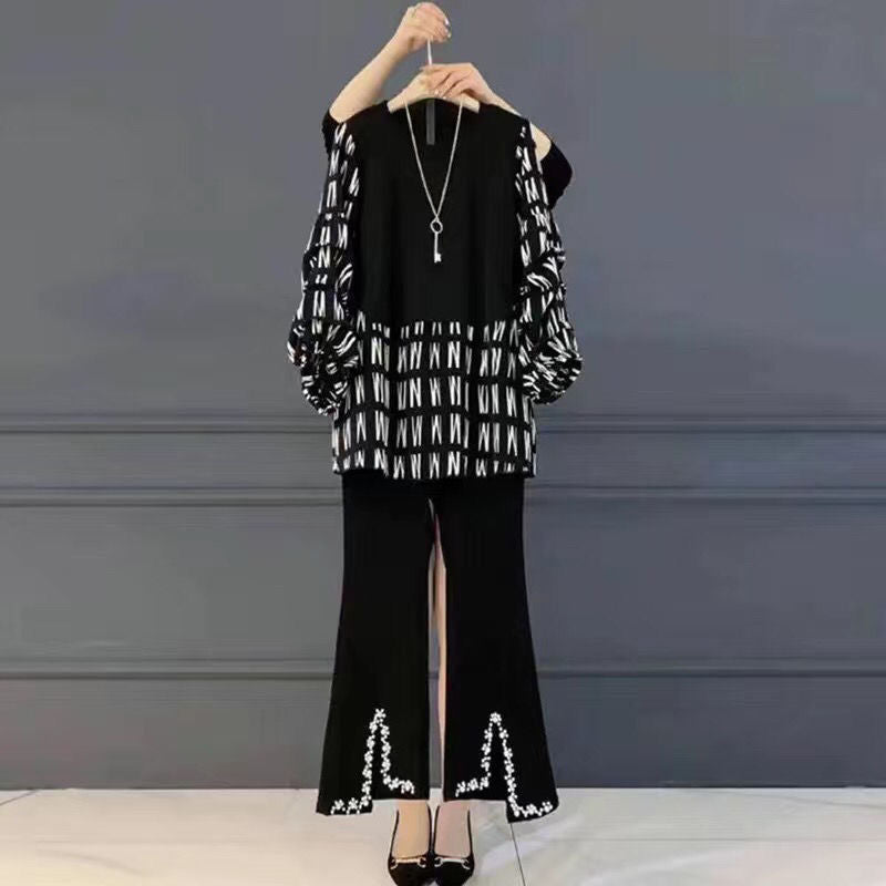 Korean Fashion Elegant Women's Pants Set Bubble Sleeve Chiffon Shirt Leisure Bell Bottomed Trousers Two-piece Set Casual Wear