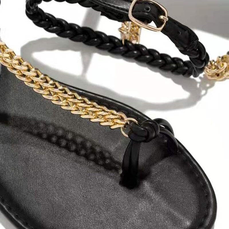 2022 New Women's Sandals Summer Fashion Metal Chain Sandals Open Toe Beach Braided Women's Fashion Slippers Open Toe Versatile