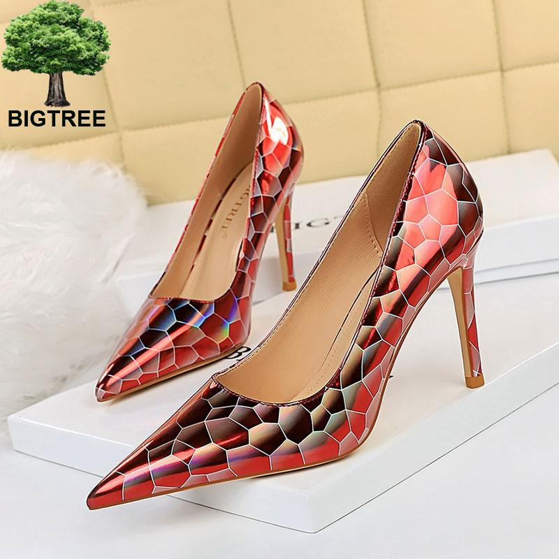 Bigtree Shoes New Patent Leather Woman Pumps Metal Stone Pattern High Heels Designer Women Heels Stiletto Female Pumps Size 43