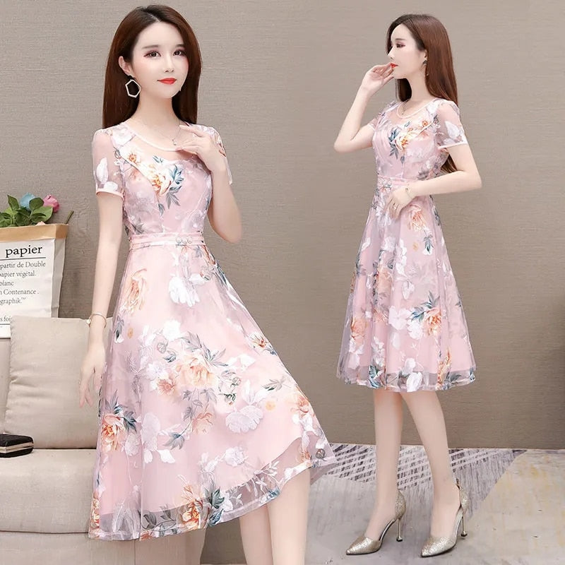 Elegant Print A-Line Dress For Women Party 2022 Summer Korean Short Sleeve Knee-Length Tulle Dresses Robe Femme Vestidos Verano