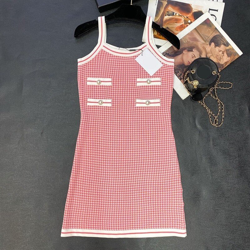 Summer Korean Fashion Streetwear Clothes Women 2022 Elegant Spaghetti Strap Plaid Dress Female Knitted Vestidos De Verano Mujer