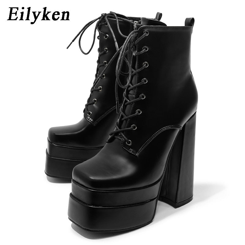 Eilyken Autumn Winter Women Motorcycle Ankle Boots Fashion Platform Wedges Satin High Heels Female Party Prom Chunky Shoes