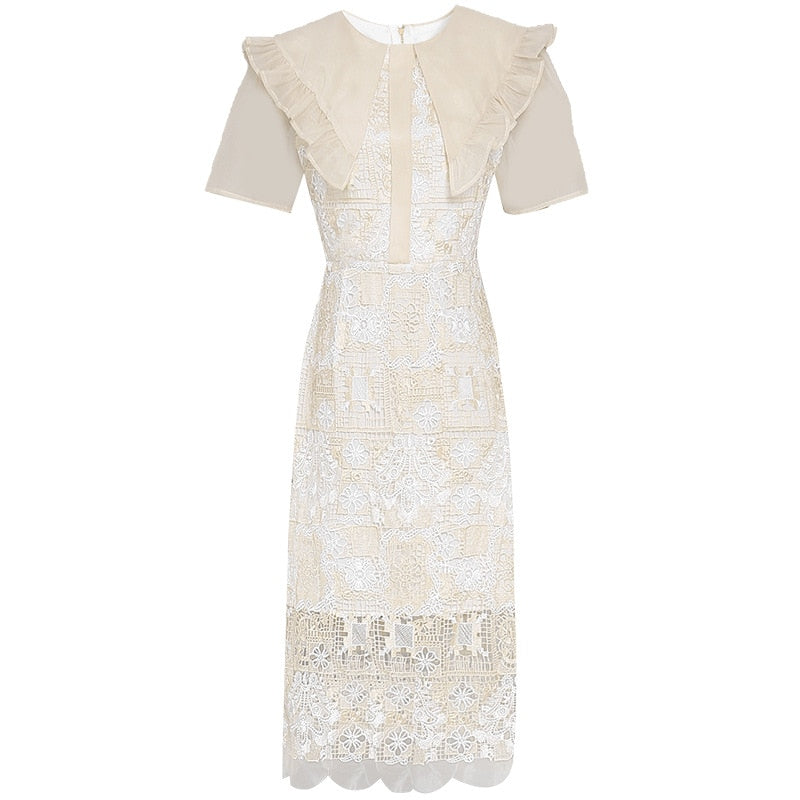 Runway Designers Vintage Lace Patchwork Embroidery Dresses for Women 2022 Summer Bohemian Ruffles Midi Vestido Feminino