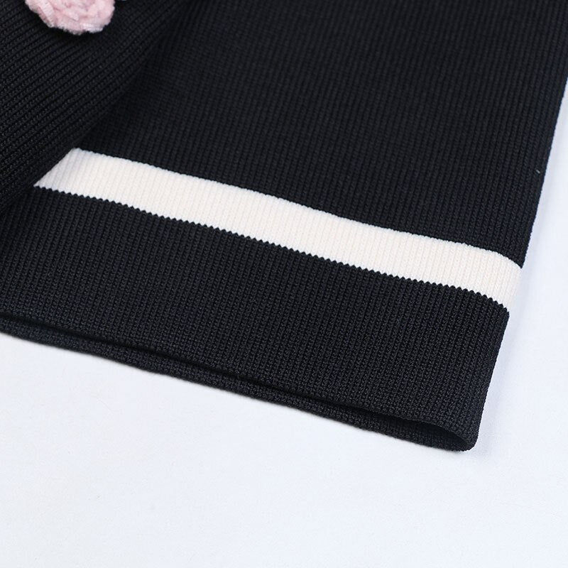 High Quality Runway Designers Dress Women Casual Flower Embroidery Knitted Dresses Black Vestidos De Verano Mujer 2022