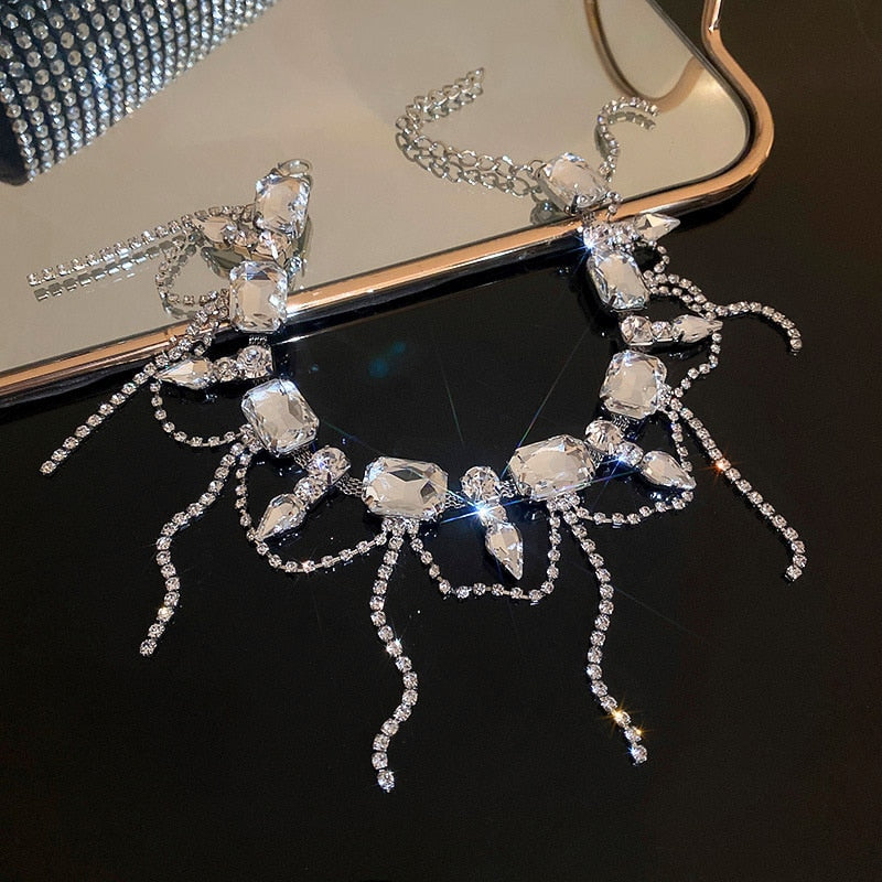 FYUAN Geometric Square Crystal Choker Necklaces for Women Long Tassel Clavicle Chain Necklaces Statements Jewelry Gifts