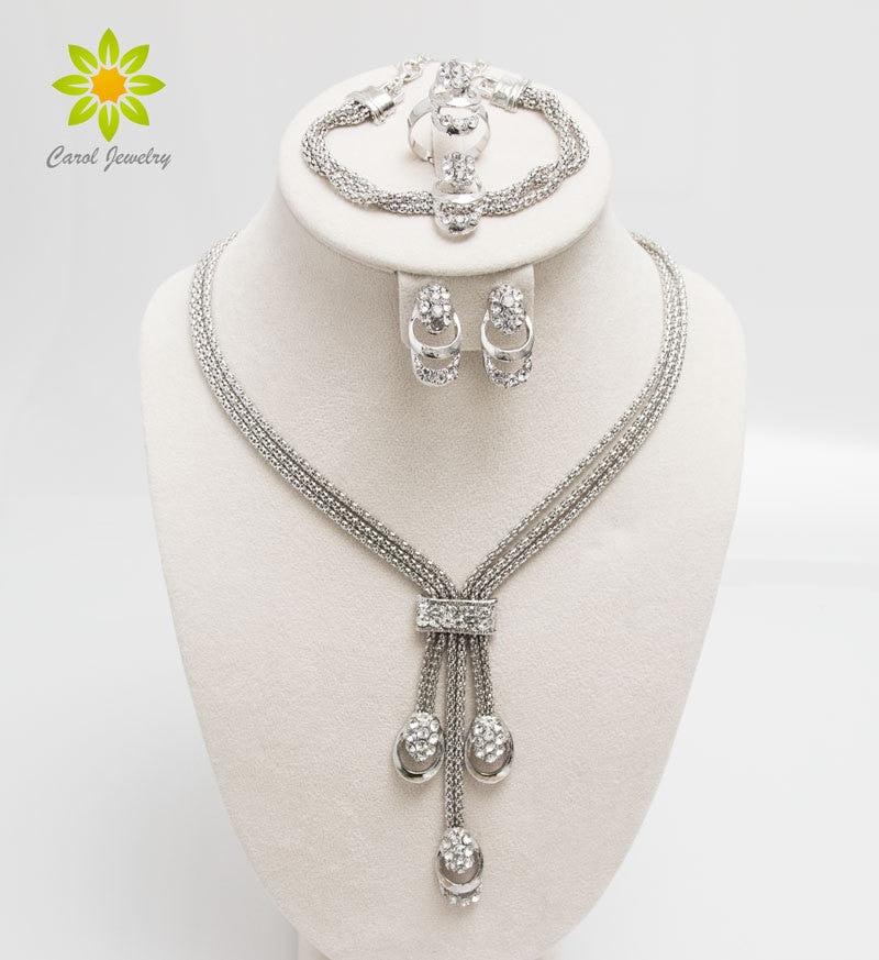 Free Shipping Latest Fashion Trendy Jewelry Set For Women Gold/Silver Plated Beads Collar Necklace Earrings Bracelet Rings Sets