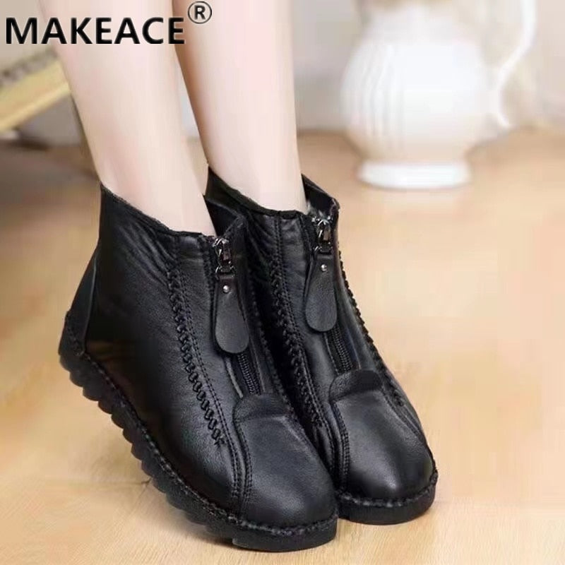 2021 Winter Women's Boots Fashion Warm Mother's Boots Flat-Bottom Comfortable Short Bare Boots Creative Front Zipper Closure