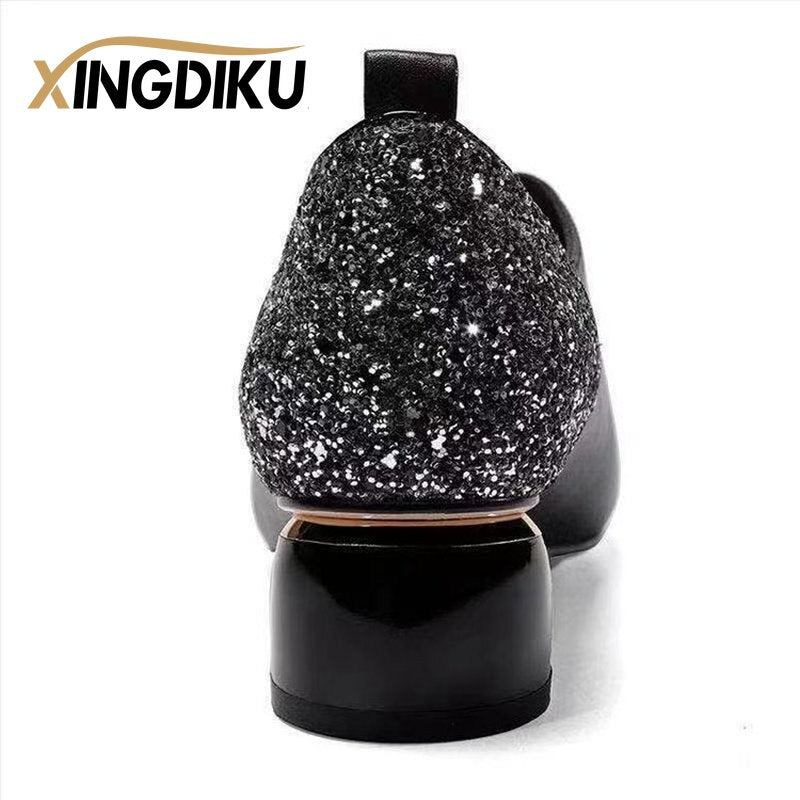 Black sexy single shoes rhinestone sequins mother women's shoes pointed toe low heel round heel fashion party shoes wedding shoe