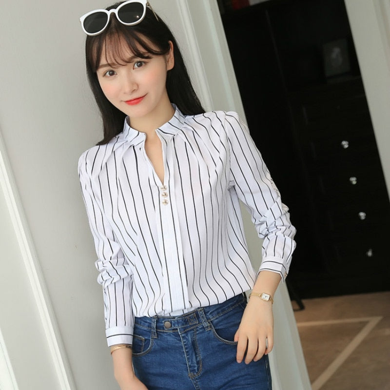 JFUNCY Women White Tops and Blouses Fashion Stripe Print Casual Long Sleeve Office Lady Work Shirts Female Slim Blusas