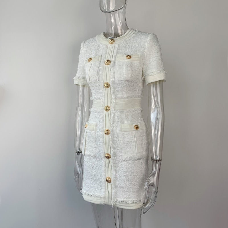 HarleyFashion Luxury Design Women Chic Stylish Short Sleeve Buttons Tweed Straight Mini Skinny Dress Tassel Patchwork Dresses